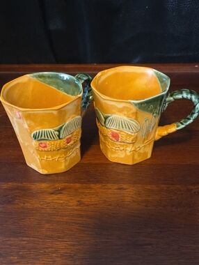 Asian Handcrafted Tiki Hut Hawaiian Yellow Ceramic Mugs  Set Of 2